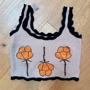 SHEIN Beige Crochet Tank with Black Trim and embroidered Orange Accent Flower